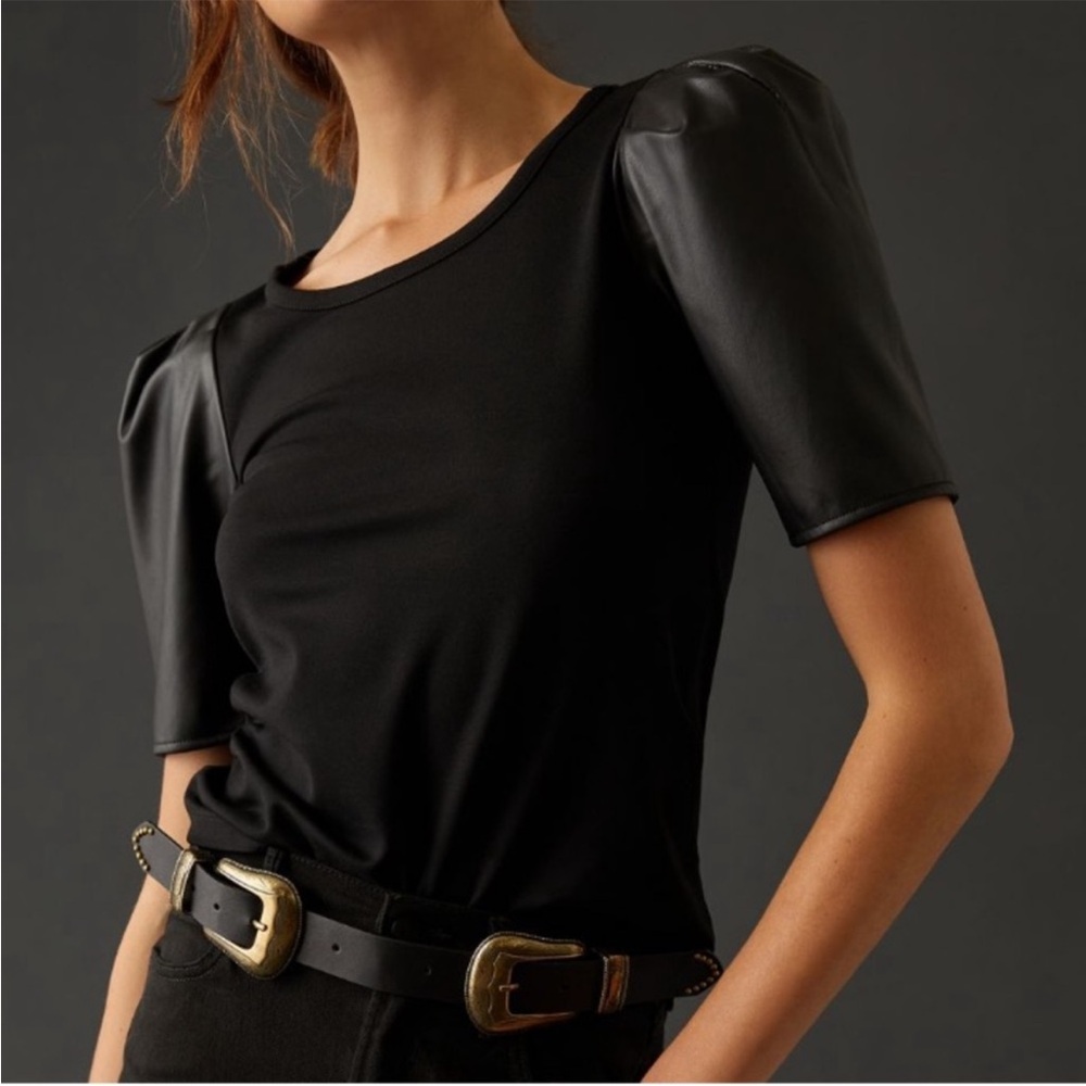 Anthropologie black top w faux leather puff sleeves and a low back goth Medium